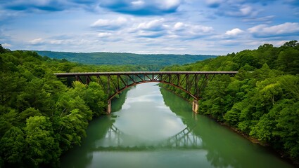 Obraz premium Scenic river flow under a majestic bridge amidst lush green forests and dramatic sky