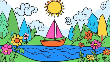 Naklejka premium Colorful Cartoon Landscape with Boat, Sun, and Trees