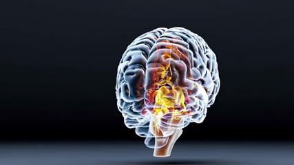 A 3D-rendered brain model viewed from a side angle, showcasing neural activity. The video style is scientific and educational, with a dark background. - Powered by Adobe