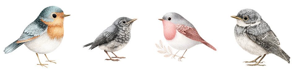 Fototapeta premium Watercolor Illustration of Cute Birds Set on White Background