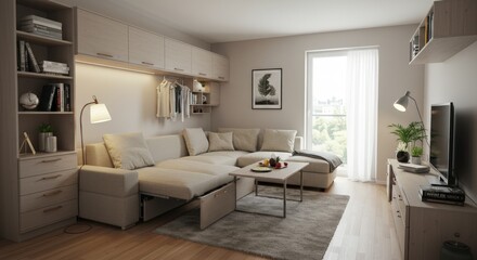 Modern Living Room Interior with Beige Sofa and Decor.