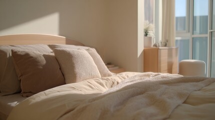 Obraz premium A cozy bedroom scene featuring a made bed with soft pillows and a window letting in natural light softly