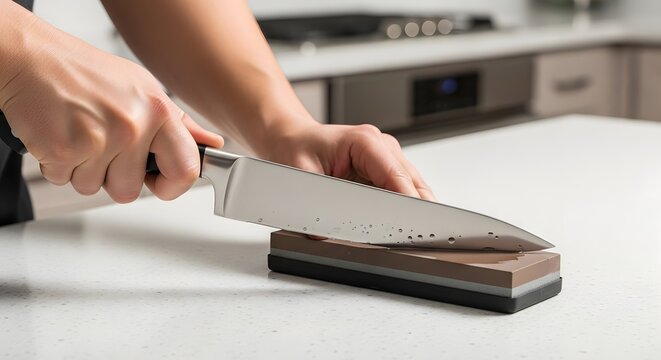 Master chef sharpens knife with precision on whetstone for perfect cutting edge