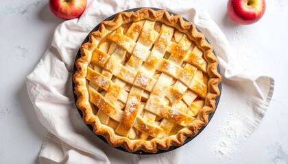 Delicious Apple Pie with Lattice Crust on a White Background, Ready to Serve