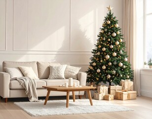 Fototapeta premium Modern Living Room with Christmas Tree and Gifts