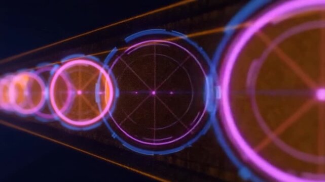 Abstract HUD animation with neon circles and data flow. Looping motion.