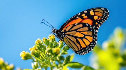 Obraz premium Monarch Butterfly on Blossom Against Blue Sky