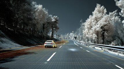 Autonomous car lidar scan overlay on roadway with trees and night sky