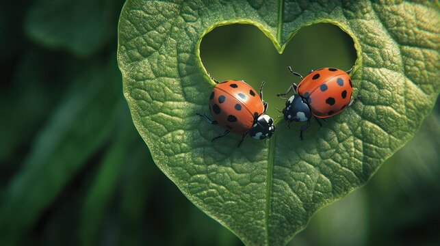 Ladybugs on leaf heart shape; nature; love; romantic