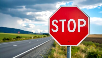 A red octagonal stop sign stands by a highway