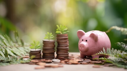 Cute pink piggy bank beside stacks of coins with small green plants growing symbolizes savings, investment growth, and financial prosperity in nature setting