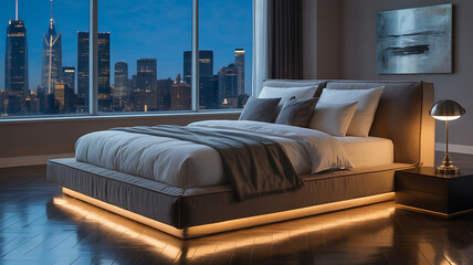 Luxurious modern bedroom with city skyline view at night and ambient led lighting