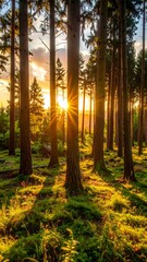 Obraz premium Golden sunlight streams through tall trees in a tranquil forest at sunset, casting warm shadows on the mossy ground.