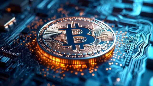 Close-Up of Bitcoin on a Glowing Circuit Board Representing Cryptocurrency Technology and Digital Blockchain Networks. Video Made Using Generative AI