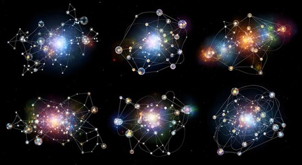 Collection of six abstract illustrations showing glowing nodes and interconnected lines, representing complex networks and data systems.