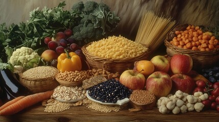 Colorful assortment of fresh fruits and vegetables with pasta and grains on rustic wooden table. Stock Photo of healthy food