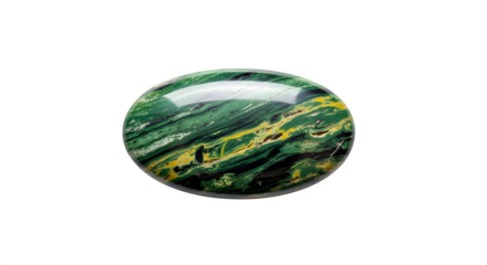 Close up of green serpentine cabochon with yellow bands isolated on transparent background, a beautiful gemstone for jewelry making and mineral collection