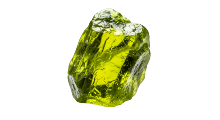 Close up of rough green peridot crystal isolated on transparent background, a beautiful gemstone for jewelry making and mineral collecting, olivine