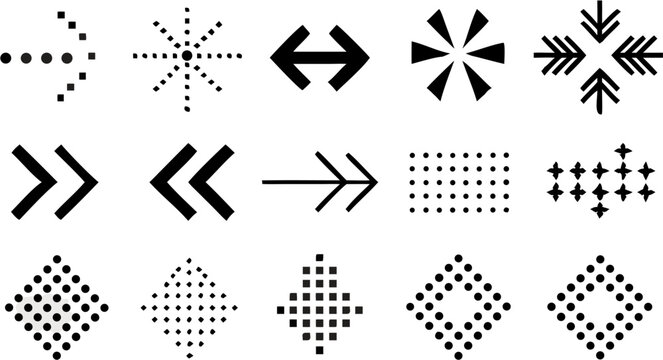 Vector illustration of various abstract shapes including arrows, dotted patterns, and geometric arrangements of dots