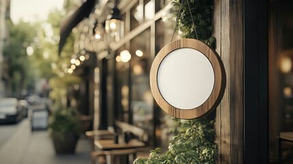 Exterior Wooden Signage with Circular Light Frame for Branding and Visual Impact