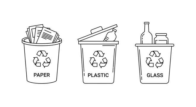 Line Art Icons of Three Recycling Bins for Paper, Plastic, and Glass on an Isolated transparent background