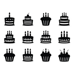Birthday Cakes And Cupcakes Icons In Silhouette Style vector illustration