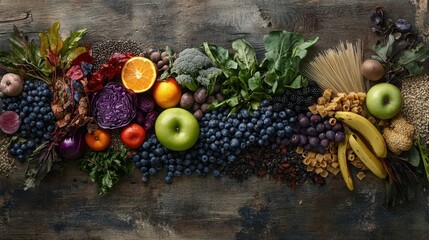 Colorful array of fruits and vegetables on rustic wooden surface.  Possible use Stock photo for healthy eating, nutrition, and diet