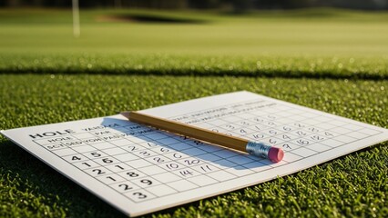 Close-up of a golf scorecard with pencil on green grass, lifestyle sports detail representing leisure, competition, and professional game documentation.