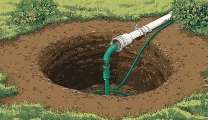 Outdoor well with a green pipe and white PVC pipe