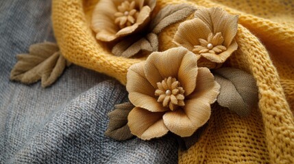 Autumnal flowers on knitted fabric, close-up detail