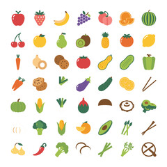 Colorful Flat Icons of Fruits and Vegetables on White Background apple strawberry