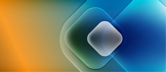 Abstract composition. Gradient colors blend, forming concentric squares. Bright orange transitions to blue. Soft glow emanates from center.