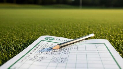 Close-up of a golf scorecard with pencil on green grass, lifestyle sports detail representing leisure, competition, and professional game documentation.