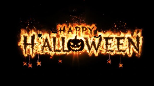 A terrifying Halloween title animation with flaming text, bats, and spiders against a black background, perfect for a spooky party or horror movie intro