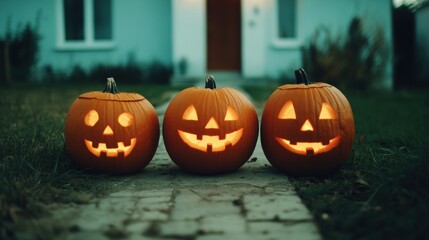 Obraz premium Jack-o'-lanterns glow in front of a house during Halloween evening