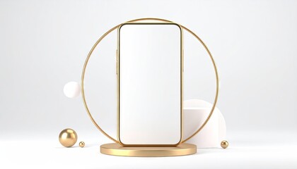 Golden Circle Frame Mockup with White Phone and Geometric Shapes