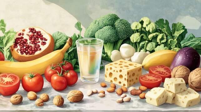 Still life of fruits, vegetables, and cheese on a table.  Possible use Food photography, healthy eating, culinary arts