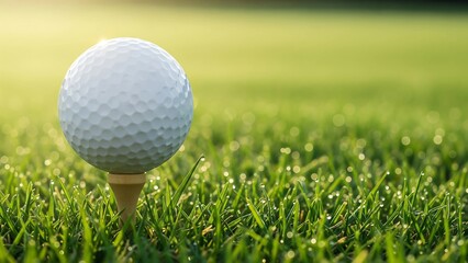 Obraz premium Close-up of a white golf ball on a tee with fresh green grass and morning sunlight. Perfect minimal sports background with copy space for golf, lifestyle, and leisure concepts.