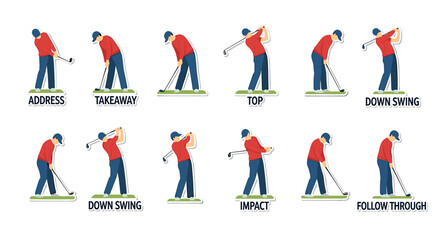 An illustrated sequence depicts the stages of a golf swing, showcasing the address, takeaway, top position, downswing, impact, and follow-through, perfect for instructional guides.
