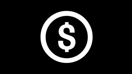 Obraz premium Black background featuring a bold white dollar sign symbol within a circle, representing finance, money, economy, and wealth in a minimalist design.