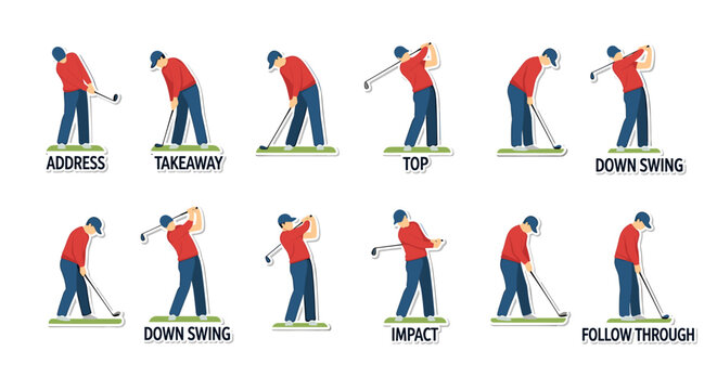 An illustrated sequence depicts the stages of a golf swing, showcasing the address, takeaway, top position, downswing, impact, and follow-through, perfect for instructional guides.