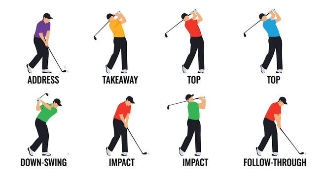An illustrated sequence demonstrates the different stages of a golf swing, from the address position to the follow-through, depicting each step with vibrant colors and clear labels.