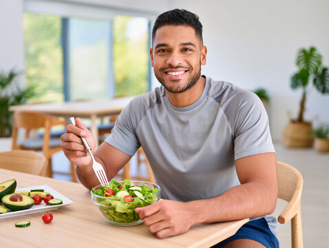 Young man eating fresh salad at home promoting healthy lifestyle