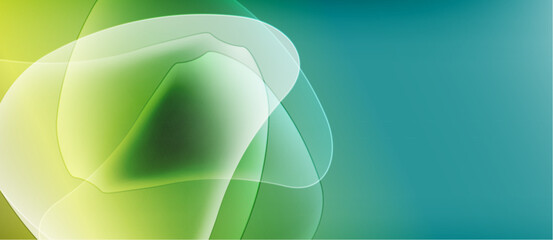 Abstract fluid shapes blend, creating soft gradients. Green, turquoise hues dominate composition. Light, airy feel. Minimalist design.