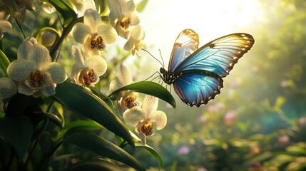 Butterfly on orchid flowers, sunlit garden, beautiful scene