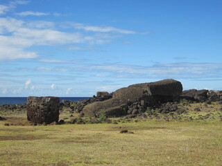 Fallen Moai Statue near Coastline on Easter Island