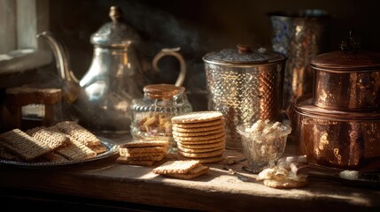 Vintage kitchenware holding handcrafted snacks, bathed in warm nostalgic light.