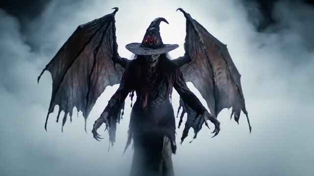 A terrifying winged demon or witch with glowing red eyes and large bat-like wings emerging from the fog, perfect for a scary Halloween intro
