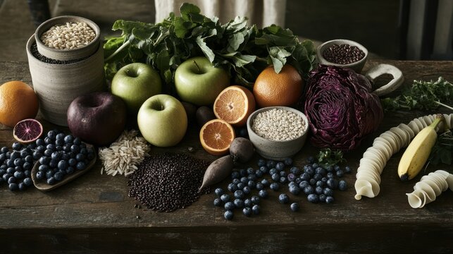 Assorted fruits and vegetables on rustic wooden table.  Possible use healthy eating, dietary guide, nutrition