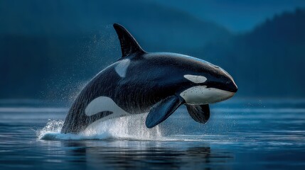 Obraz premium A striking orca leaps from the water, showcasing its distinctive black and white markings against a serene blue background.